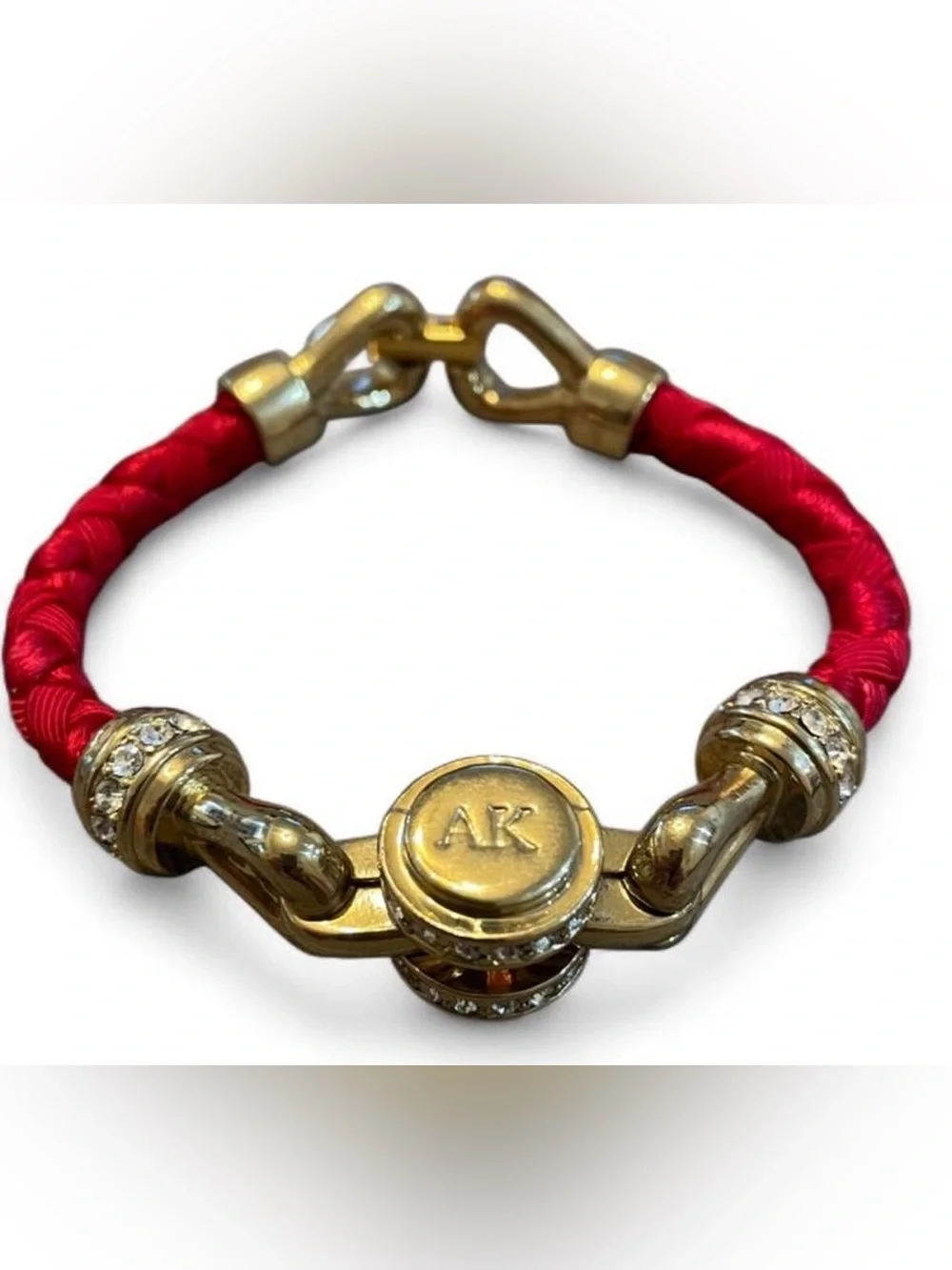 Vintage Anne Klein Signed AK Clamper Bracelet Red Cord Gold Tone Rhinestone
